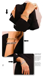 Detail of 18k gold plated zipper bracelet with crystals shown in model display views