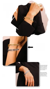Detail of 18k gold plated zipper bracelet with crystals shown in model display views