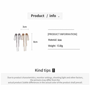 Detailed specs of knot tassel earrings showing 8cm length and iron material in silver tone