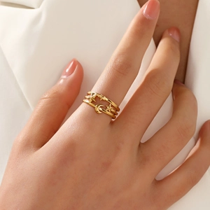 French vintage gold plated stainless steel open ring with triple layer star moon design