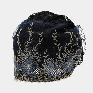 Navy blue lace turban hat with gold flower embroidery for women's breathable hair styling