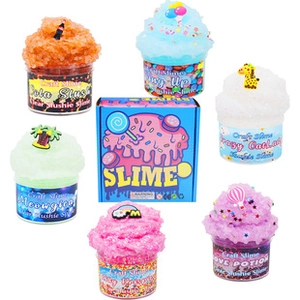 Detailed set of 6 colorful DIY slime tubs with charms and a blue storage box pack