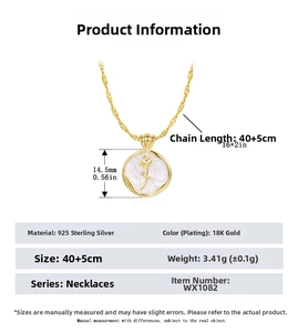 Size specifications for 925 sterling silver rose pendant necklace in 18K gold finish