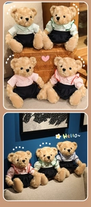 Detailed macro shot of teddy bear plush toys wearing colorful striped school uniforms