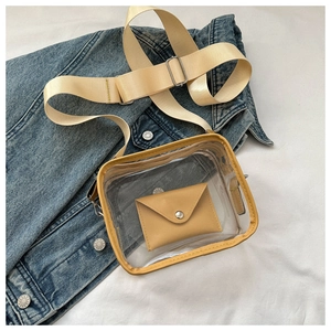 Detail of transparent PVC crossbody bag with yellow trim and inner envelope pouch