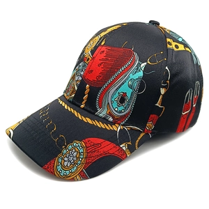 Summer floral print baseball cap with vintage gold chain patterns in a 45-degree view