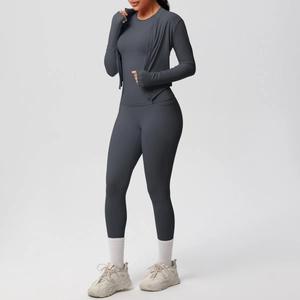 Deep grey three-piece yoga set with zip jacket, long sleeve top and pocket leggings