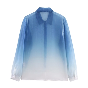 Women's gradient blue and white organza shirt with vertical stripes and long sleeves