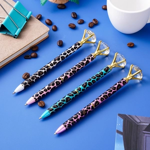 Luxury leopard print metal ballpoint pens with large diamond top decoration