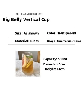 Detailed dimensions of 500ml glass big belly vertical cup with 14cm height and 6cm diameter