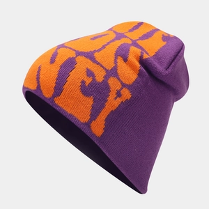 Trendy Y2K knit beanie featuring purple and orange jacquard letters for winter streetwear