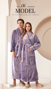 Detailed view of long purple flannel bathrobe with plush collar and tie waist