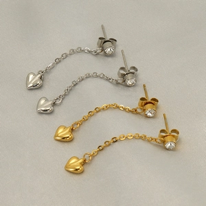 Heart Tassel Drop Earrings Stainless Steel 18K Gold Plated Round Zircon Long Chain Polished Heart Pendant Fashion Jewelry