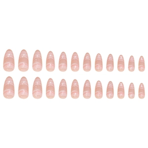 24pcs pink almond press-on nails with white shell water ripple patterns on white background