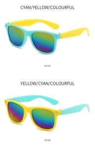 Detail view showing 45-degree side of colorful mirrored children sunglasses in cyan and yellow