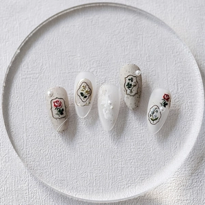 5D stereoscopic floral nail stickers with vintage red roses and pearls on white base