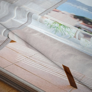 Detail of Mediterranean sea view tapestry showing soft fiber texture and vivid printing