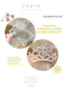 Dettaglio dei pettini per capelli a corona con strass e cuori in cristalli brillanti
