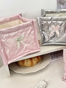 Quilted heart pattern PU leather desktop storage basket with cute bow and lace trim