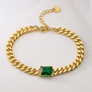 Punk style 18K gold plated chain bracelet with a large emerald green zircon centerpiece
