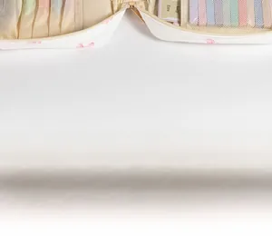 Detail of floral quilted book bag featuring rainbow organizers and mesh storage pockets