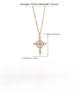Detailed size chart for gold cross necklace with clear cubic zirconia and chain length