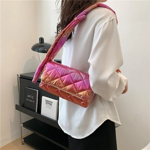 Chic quilted square shoulder bag with colorful gradient finish and wide strap for women