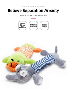 Detail view of plush dog squeaky toys featuring green duck and grey elephant animal shapes