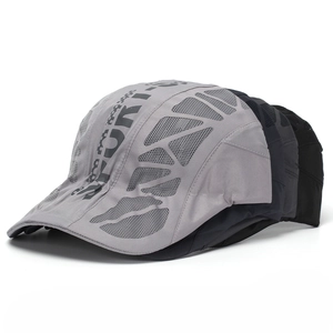 Detail view of quick-dry baseball caps with side mesh panels in three different colors