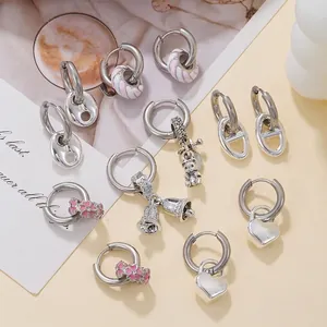 French Romantic Stainless Steel Hoop Earrings For Women Fashion Geometric Non-Fading Enamel Sakura Flower Rhinestone Ear Jewelry