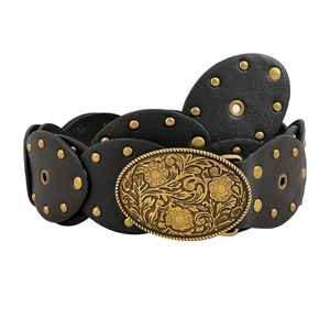 Ceinture noire en cuir PU Y2K avec grande boucle en laiton à gravure florale vintage