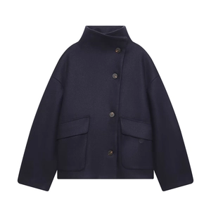 Women's dark blue wool blend jacket with stand-up collar and buttoned pockets