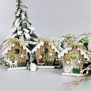 Handcrafted wooden Christmas ornaments featuring Santa, reindeer, and snowman designs