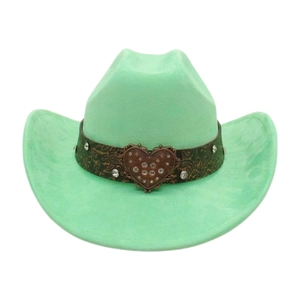 Macro shot of a mint green felt cowboy hat featuring an embossed leather band and heart buckle