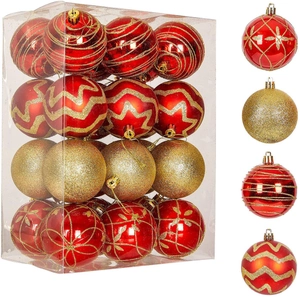 24-piece red and gold Christmas ball set with glitter patterns for tree decoration