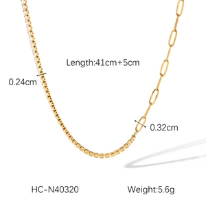 Detail of gold zircon necklace with dimensions 41cm length and 0.24cm stone width