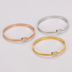 Three-color frosted stainless steel bangles with double heart rhinestones in gold and silver