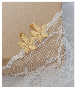 Macro detail of gold flower stud earrings showing embossed petals and brushed texture