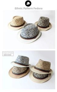 Detail of woven straw fedora with ethnic geometric patterns and bohemian ribbon band