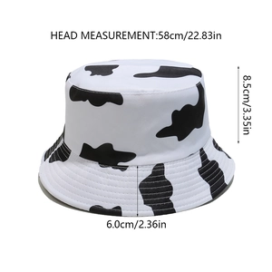 Detailed size chart showing cow print bucket hat head circumference and crown height