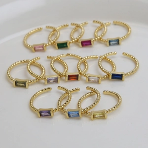 Adjustable 18k gold plated brass rings with colorful rectangular birthstones and beaded band