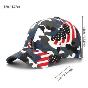 Camouflage baseball cap with US flag design featuring 7cm brim and 12cm height dimensions