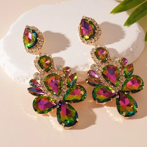 Luxury oversized water drop earrings with colorful crystals and gold metal setting