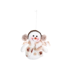Plush snowman Christmas ornament with brown earmuffs and beige plaid scarf on white background