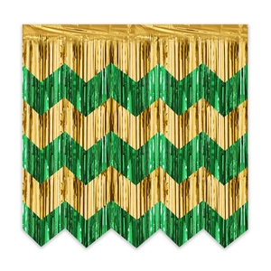 Detail of gold and green chevron wave foil fringe curtain for party wall decoration