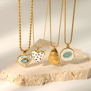 Evil Eye Heart Pendant Necklace 18K Gold Plated Stainless Steel With Zircon And Enamel For Women