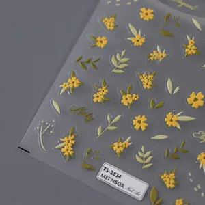5D embossed nail stickers featuring yellow flowers and elegant lucky gold lettering