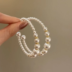Graduated Imitation Artificial Pearl Hoop Earrings With 925 Sterling Silver Earring Post French Vintage Geometric For Women