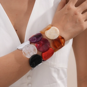 Retro Acrylic Resin Chunky Bracelet For Women Geometric Round Marbled Texture Elastic Statement Niche Jewelry