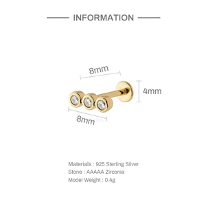 Detail view of gold S925 sterling silver stud earring with 8mm length and 4mm zircon width